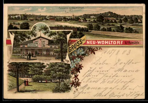 Lithographie Neu-Wohltorf, Panorama, Gartenwirtschaft zur Waldgrötte