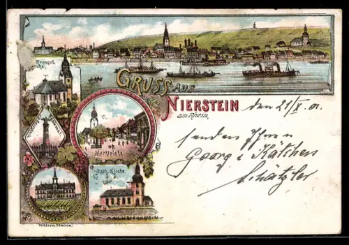 Lithographie Nierstein am Rhein, Totalansicht mit Dampfschiffen, Partie am Marktplatz, Katholische Kirche