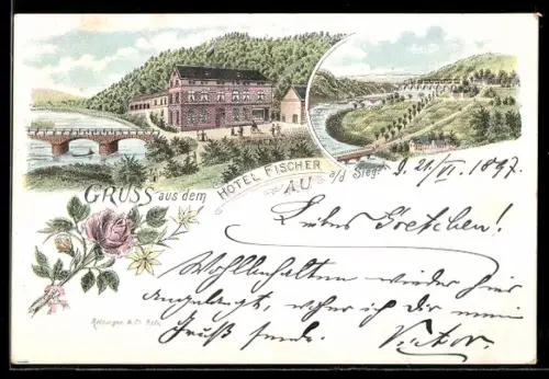 Lithographie Au /Sieg, Hotel Fischer und Ortspanorama
