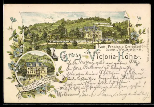 Lithographie Dresden-Loschwitz, Gasthof Victoria-Höhe mit Umgebung
