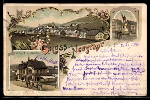 Lithographie Neustadt i. Schw., Teilansicht des Ortes, Kriegerdenkmal und Bahnhofsrestaurant