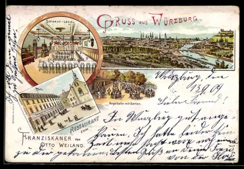 Lithographie Würzburg, Totalansicht, Separat-Lokal, Kegelbahn und Restaurant zum Franziskaner, Bes. Otto Weiland
