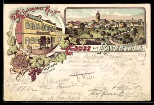 Lithographie Rauenthal, Totalansicht und Gasthaus Rheingauer Hof, Bes. Carl Weber