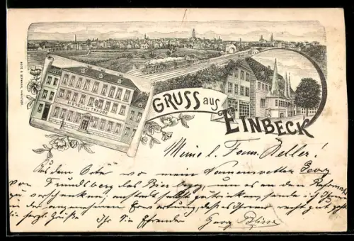 Lithographie Einbeck, Totalansicht und Hotel zur Traube