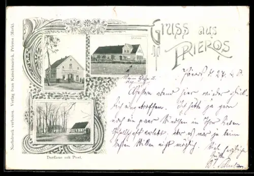 AK Prieros, Partie am Schulhaus und Dorfaue mit Post