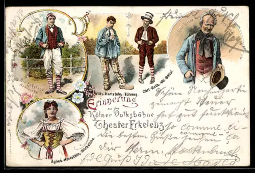Lithographie Erkelenz /Köln, Kölner Volksbühne mit Dr. Hännesche, Willy Hartstein und Carl Roth