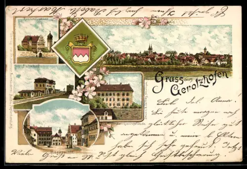 Lithographie Gerolzhofen, Bahnhof, Rentamt, Wappen, Ortsansicht