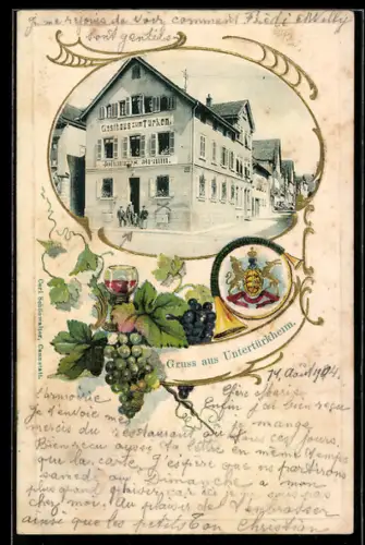 Passepartout-Lithographie Untertürkheim, Gasthaus zum Türken von Johannes Braun, Wappen