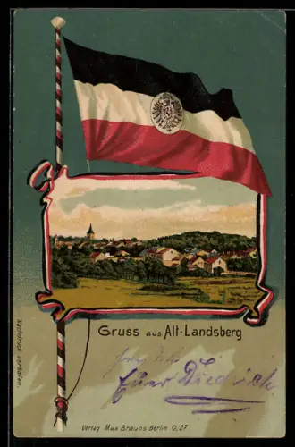 Passepartout-Lithographie Alt-Landsberg, Ortsansicht mit Fahne
