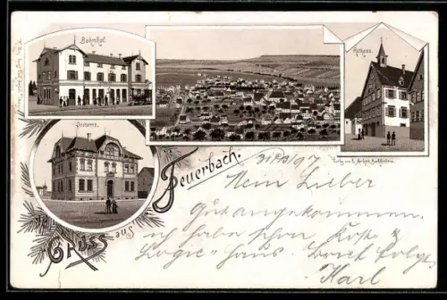 Lithographie Feuerbach, Postamt, Rathaus, Bahnhof