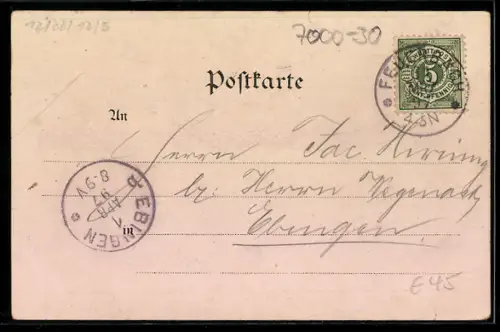 Lithographie Feuerbach, Postamt, Rathaus, Bahnhof