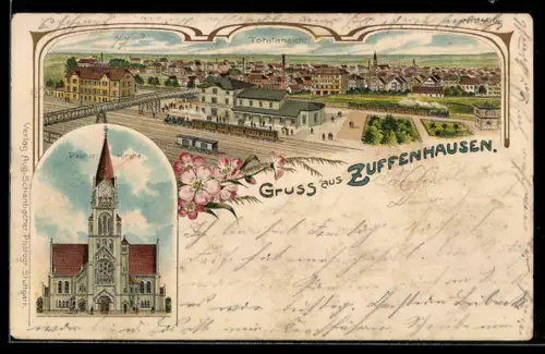 Lithographie Zuffenhausen, Paulus-Kirche, Totalansicht mit Bahnhof