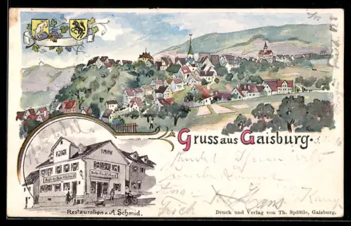 Lithographie Gaisburg, Restaurant von A. Schmid, Teilansicht
