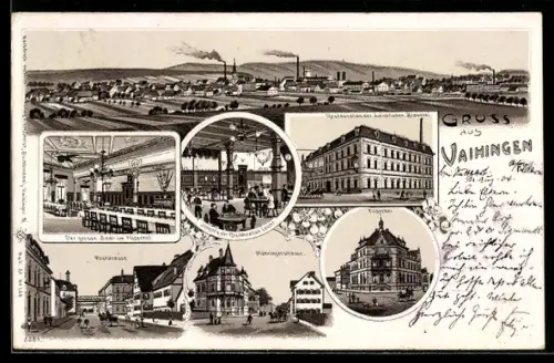 Lithographie Vaihingen, Hotel Filderhof, Inneres grosser Saal, Restaurant der Leichtschen Brauerei