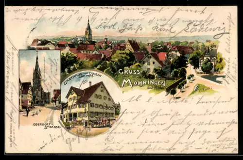 Lithographie Möhringen a. d. Fildern, Gasthaus zum Ochsen, Oberdorfstrasse, Teilansicht