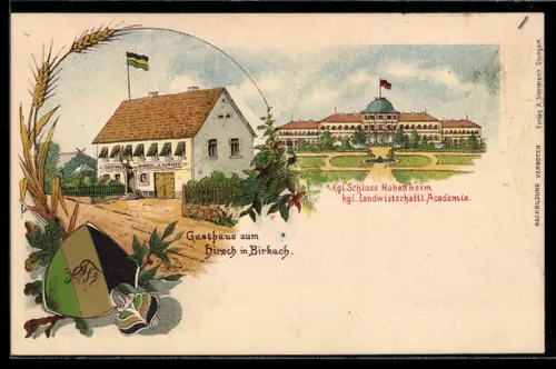 Lithographie Birkach, Gasthaus zum Hirsch, Kgl. Schloss Hohenheim kgl. landwirtschaftl. Academie