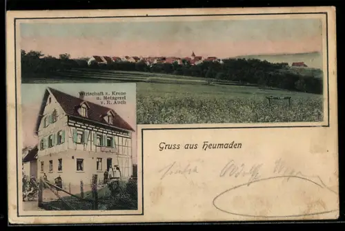 AK Heumaden, Gasthaus zur Krone und Metzgerei von R. Auch, Teilansicht