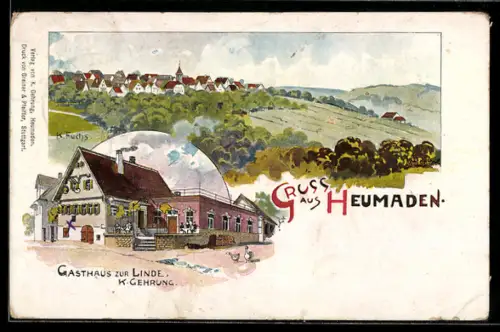 AK Heumaden, Gasthaus zur Linde, K. Gehrung, Ortsansicht mit angrenzenden Feldern