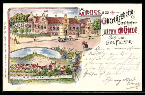 Lithographie Obertürkheim, Gasthof zur alten Mühle, Teilansicht