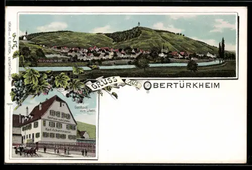 Lithographie Obertürkheim, Gesamtansicht mit Fluss und Eisenbahn