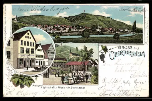 Lithographie Obertürkheim, Metzgerei & Wirtschaft z. Rössle v. Th. Dinkelacker