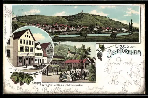 Lithographie Obertürkheim, Metzgerei & Wirtschaft z. Rössle v. Th. Dinkelacker