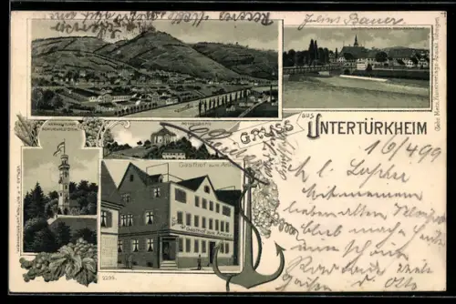Lithographie Untertürkheim, Gasthof zum Anker, Rothenberg, Kernenturm Schurwald