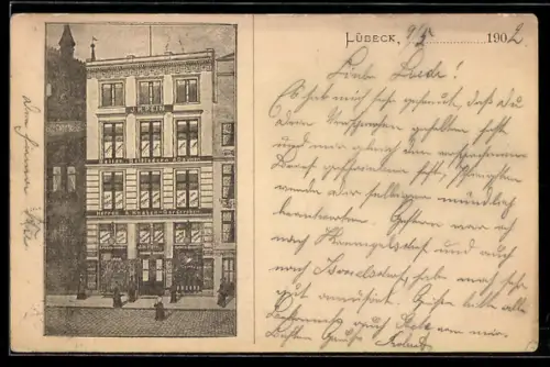 Lithographie Lübeck, Betten- und Herrenmode-Geschäft J. H. Pein