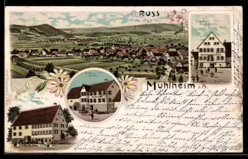 Lithographie Mülheim, Gasthaus zum Rössle, Gasthaus zum Hirsch, Gasthaus zum Lamm