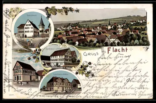 Lithographie Flacht, Gasthaus zum Löwen, Gasthaus zum Adler, Handlung von Chr. Essig