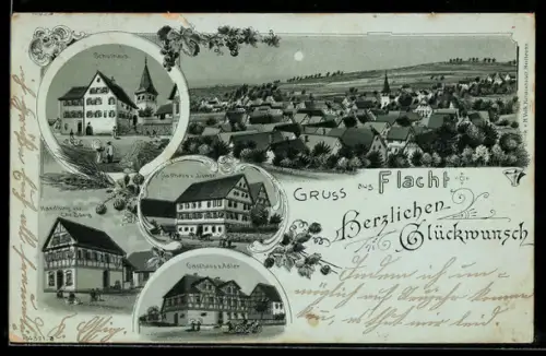 Mondschein-Lithographie Flacht, Gasthaus zum Löwen, Gasthaus zum Adler, Handlung von Chr. Essig