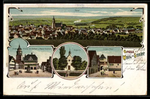 Künstler-AK Weil der Stadt, Stadtkirche mit Rathaus und Kepler-Denkmal, Kapelle, Juden-Tor