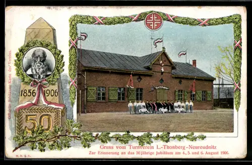 AK Thonberg-Neurednitz /Leipzig, 50 jähriges Jubiläum des Turnvereins 1906, Denkmal Turnvater Jahn, Passepartout