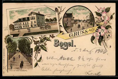 Lithographie Bogel, Hotel Weisbarth mit Postagentur, Strasse im Ort