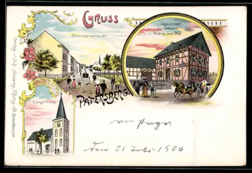 Lithographie Patersberg, Gasthaus zum Rosenstock, Evangelische Kirche, Strassenpartie