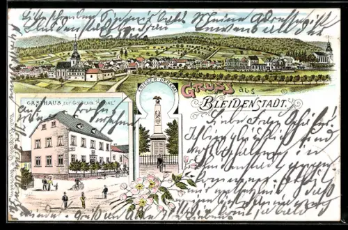 Lithographie Bleidenstadt, Gasthaus Zur goldenen Krone, Krieger-Denkmal, Teilansicht