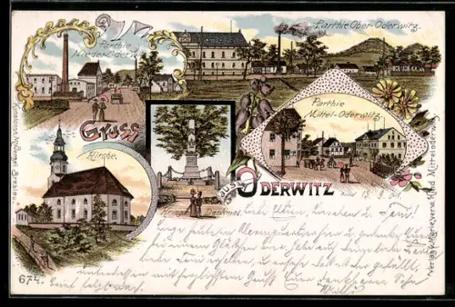 Lithographie Oderwitz, Kirche, Krieger-Denkmal, Partie Ober-Oderwitz