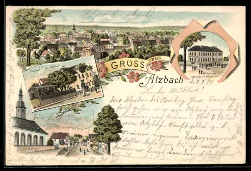 Lithographie Atzbach, Restaurant Weber, Schule Ehemaliges Amtsgericht, Strassenpartie