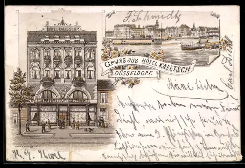 Vorläufer-Lithographie Düsseldorf, 1895, Hotel Kaletsch, Uferpartie