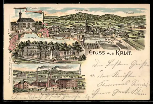 Lithographie Kruft, Propstei, Gut Idylle, Thonwarenfabrik