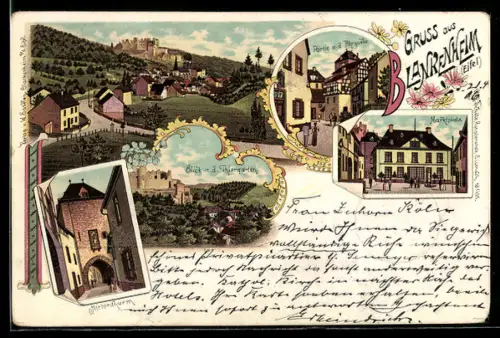 Lithographie Blankenheim /Eifel, Ahrquelle, Marktplatz, Hirtenturm