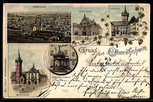 Lithographie Oberehnheim, Ortsansicht von oben, Fruchthalle, Kappelturm
