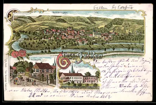 Lithographie Falken /Werra, Zigarrenfabrik, Post, Teilansicht mit Normannstein