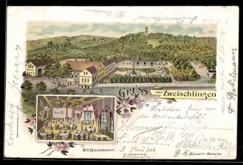 Lithographie Bielefeld, Gasthaus Zweischlingen, Remise, Innenansicht, Aussen