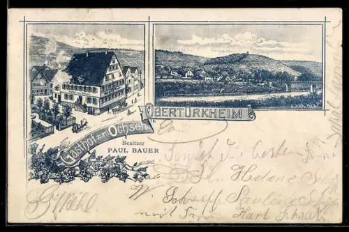 Lithographie Obertürkheim, Gasthof zum Ochsen, Teilansicht