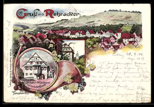Lithographie Rohracker, Gasthaus zum Waldhorn, Gesamtansicht