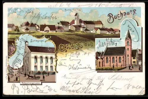 Lithographie Buchau a. F., Synagoge, Evang. Kirche, Ortsansicht