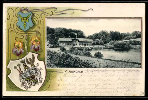 Passepartout-Lithographie Aumühle, Haus am Teich, Wappen und Blumen
