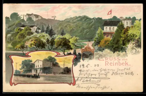 Lithographie Reinbek, Bahnhof, Hotel Nancythal, Eisenbahn