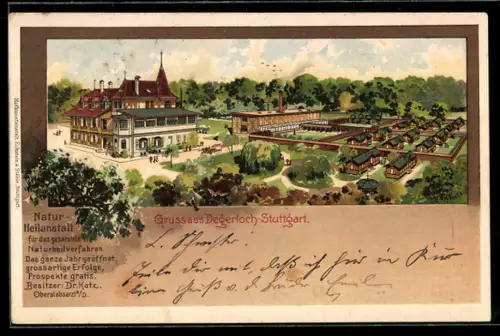 Lithographie Stuttgart-Degerloch, Gesamtansicht der Naturheilanstalt